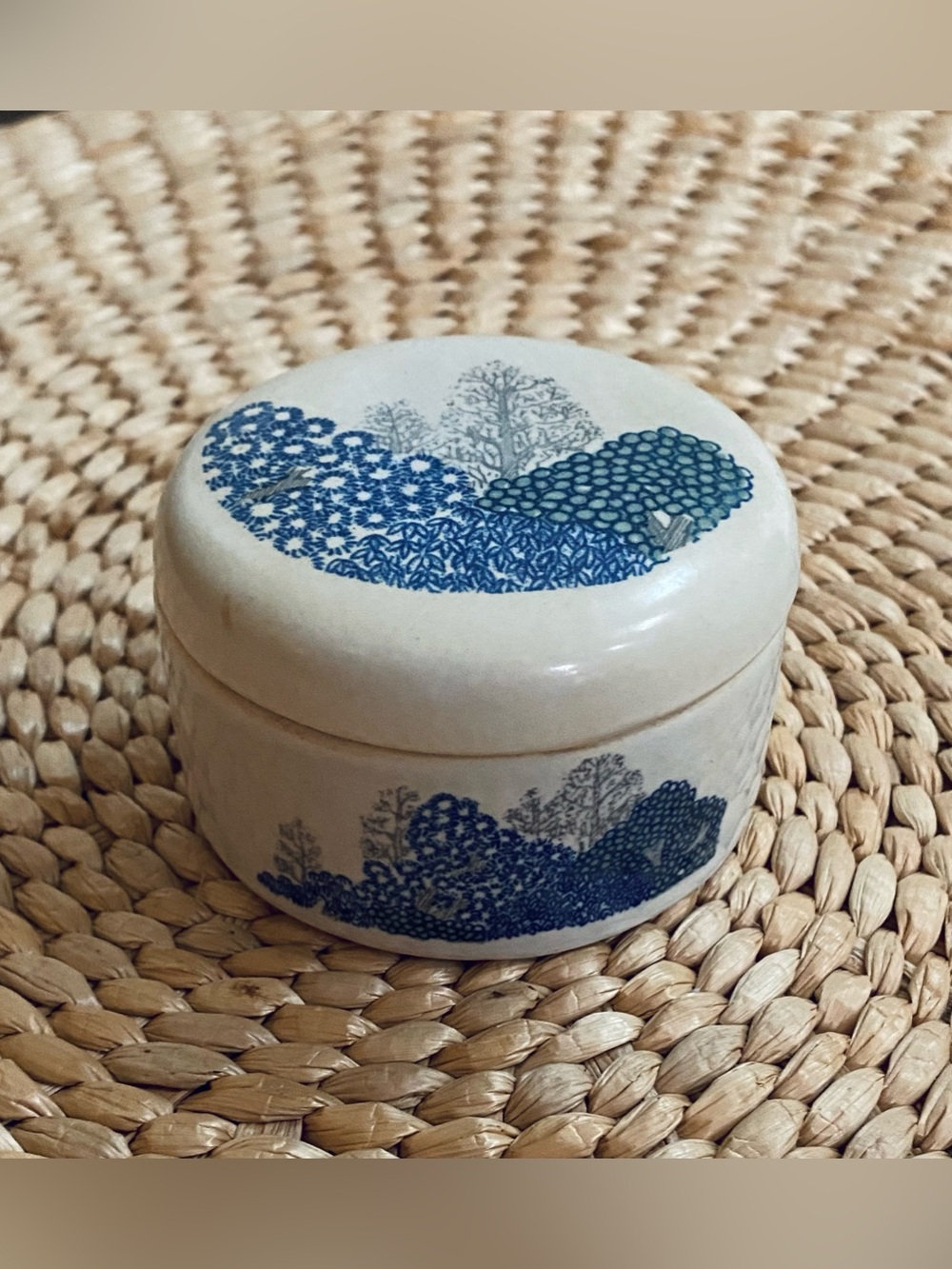 Vtg 80s Ceramic Trinket Box Made in Taiwan Blue Trees Landscape Lidded Dish
